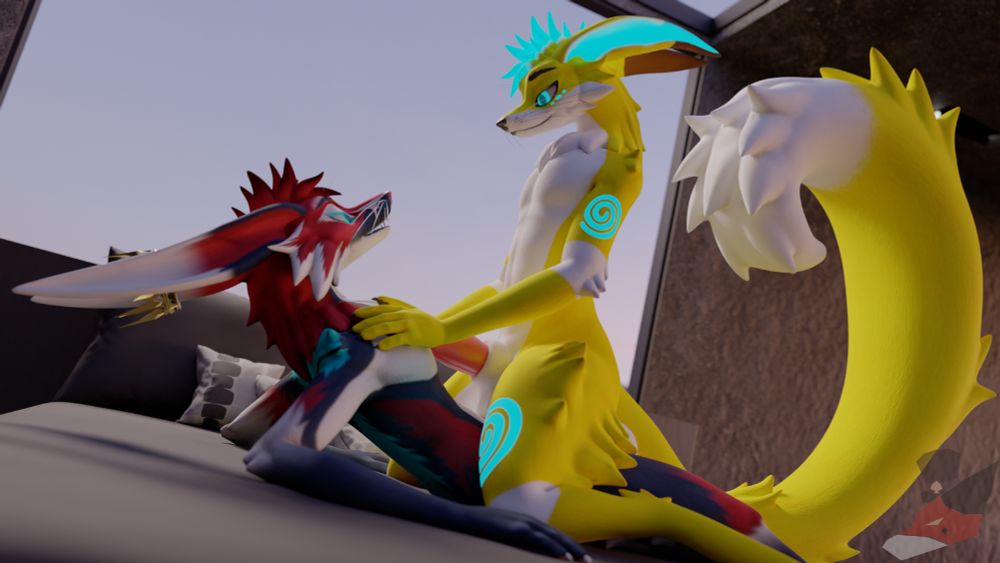 FonkZ's Kyuulin being ridden by CyberKitsune's Kyuulin on a bed as FonkZ supports himself with his arms leaning up to face Cyber. Cyber looking down to FonkZ with his hands against their chest.