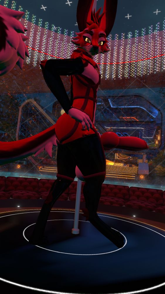 Zoru's Kyuulin (Ace) pole dancing with latex sleeves on his arms and legs, wearing a harness on top. His balls hanging between his legs as his cock is to the side facing the camera, as most of his body is aside from his head looking towards the camera, with his legs spread out, hands to hips.