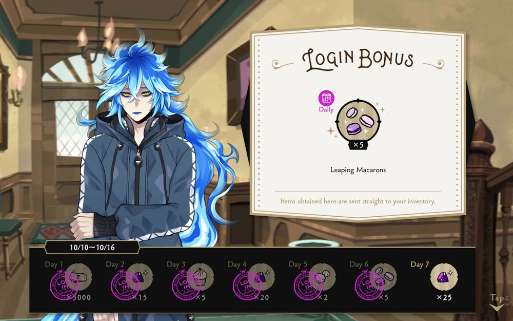 A screenshot from the daily login bonus screen from the English version of the mobile game Disney Twisted Wonderland, showing the character Idia Shroud.