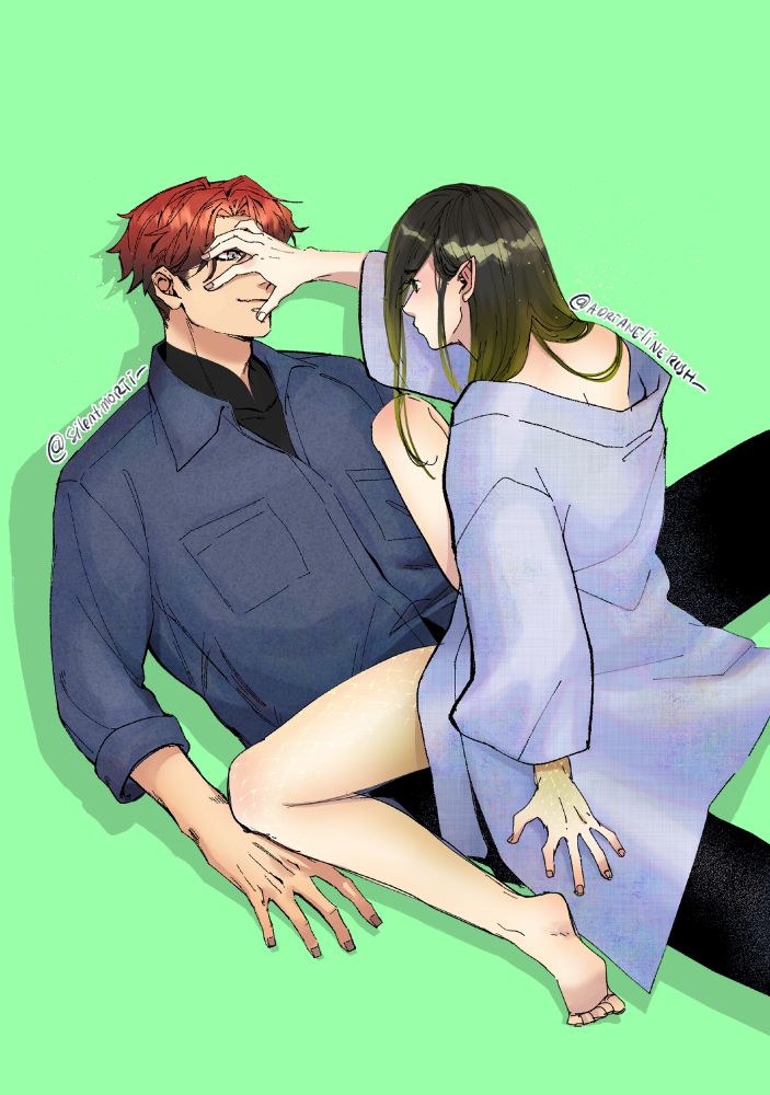 Seki covering Tendou face while sitting on top of him