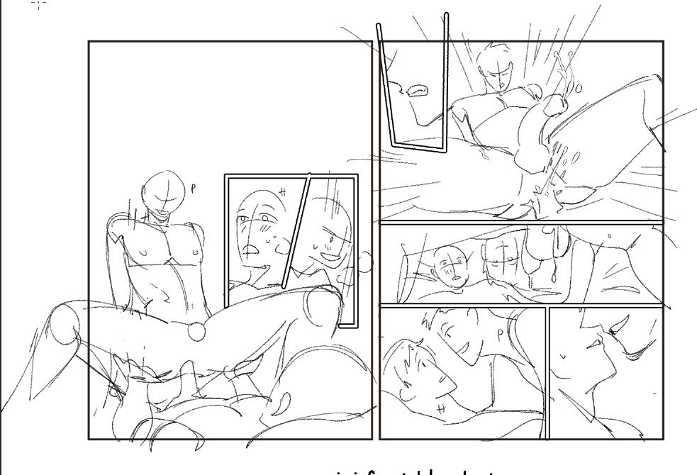 Comic draft showing putra impales himself into hirose's, getting off, and try to kiss him after