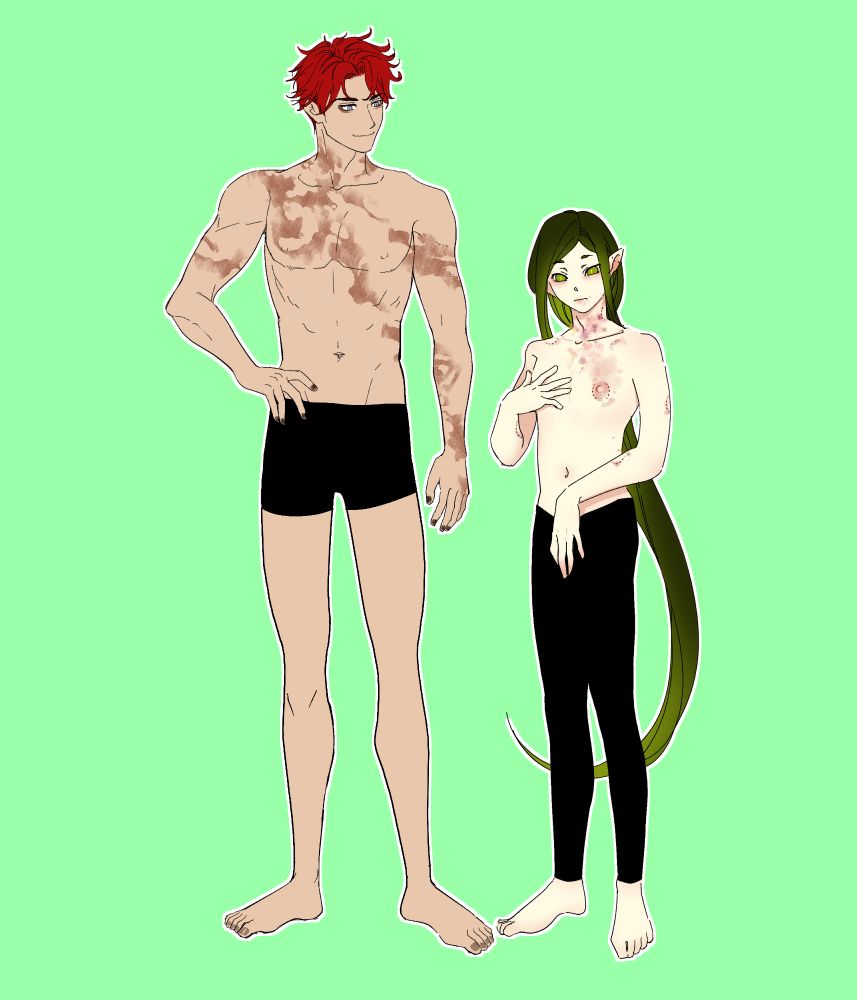 Tendou & Seki fullbody. Tendou has burn scars on his neck, torso, and left arm. Seki has kissmarks peppering through his chest + tooth mark in his left arm