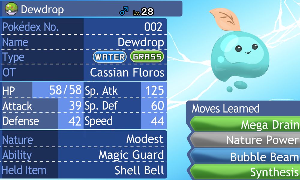 A theoretical stat page for a dewdrop, Cassian Floros' fan mascot, based on the pokemon sun/moon interface. 