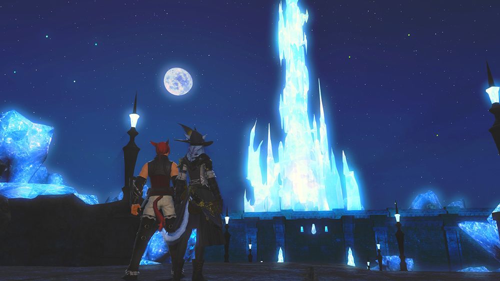 G'raha Tia & Lavhenza Vhuleyhu (WoL) stand watch of the Syrcus Tower, taking in its radiant glow under the night sky.
[In the times of Post-ARR]