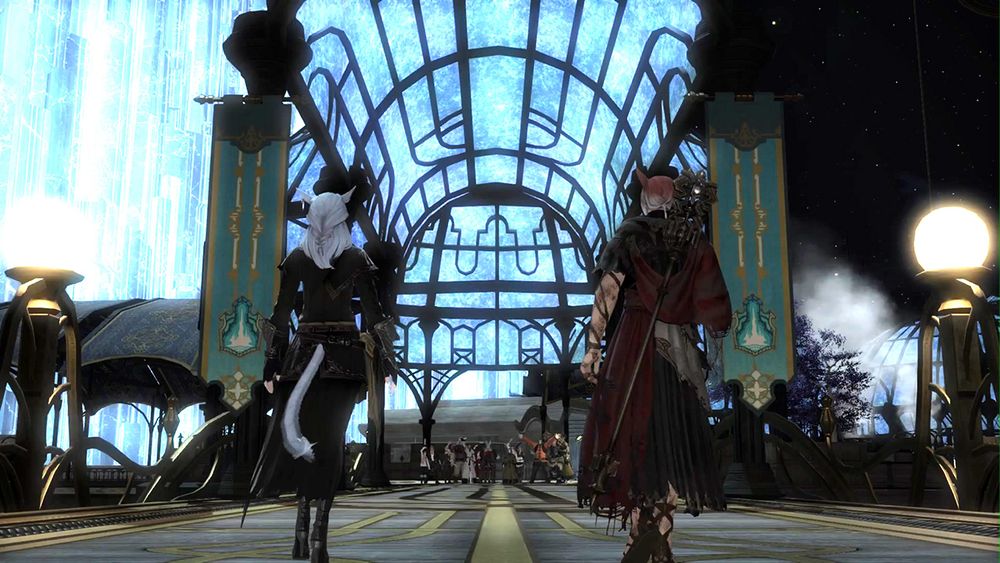 Crystal Exarch (G'raha) & Lavhenza (WoD) returning to the Crystarium after their biggest bout of all and returning the night to the First.
[In the times of Shadowbringers.  This is literally a CS-shot lol]