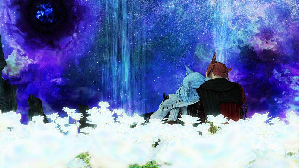 G'raha & Lavhenza take a moment's reprise to enjoy each other's company in the Elpis Flowers summoned in Ultima Thale, despite the impending End awaiting them as soon as they get up.
[In the times of Endwalker]