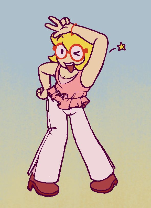 A drawing of Muko in a cute outfit. He's wearing a frilly pink shirt, white pants, and short maroon heels. He's leaning towards the camera with one hand resting over his head making a "peace" sign and one hand resting on his hip. He's smiling and winking at the camera.