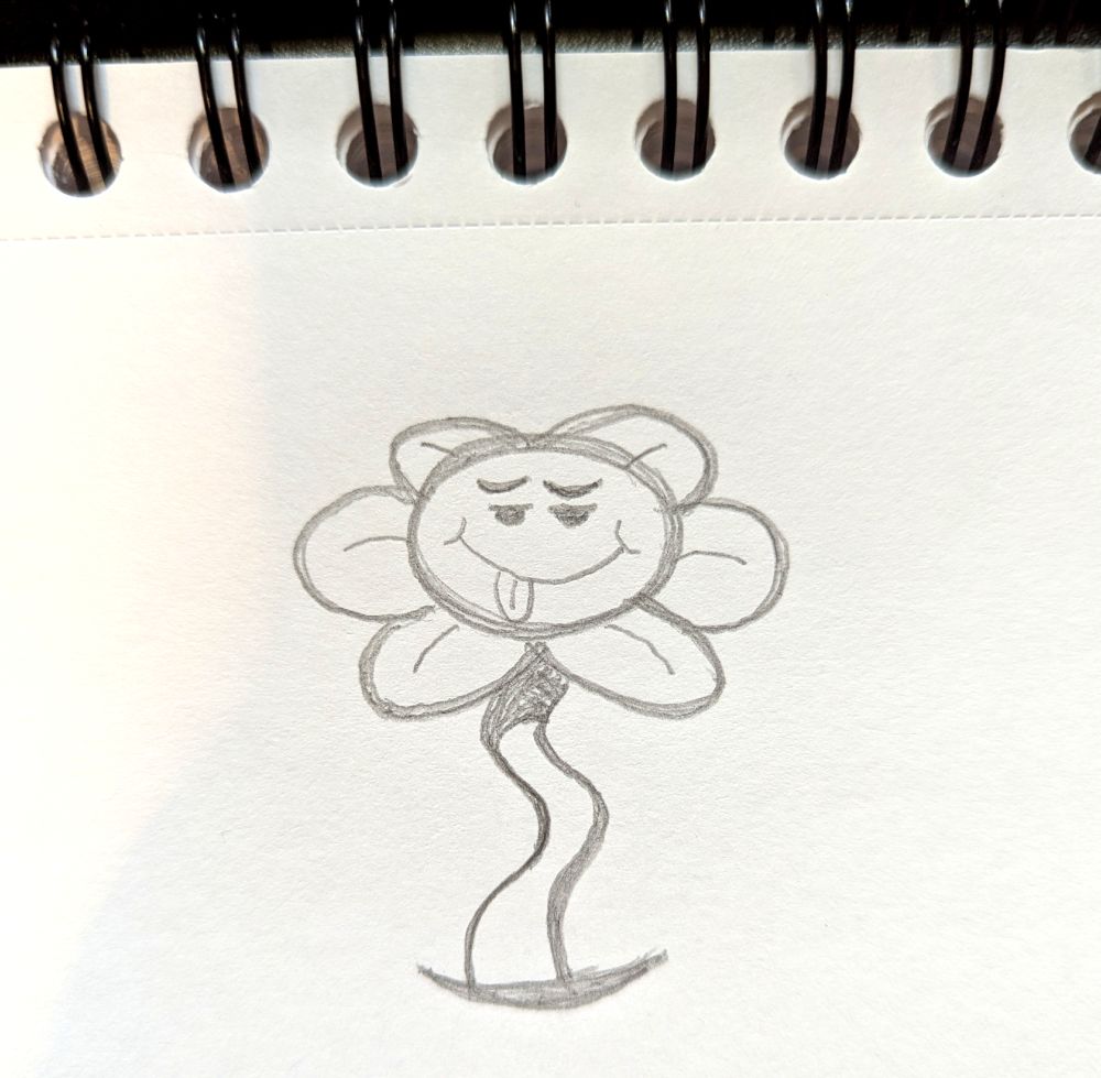 Pencil drawing of Flowey from Undertale with a smug smirk and his tongue sticking out.