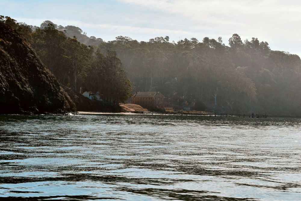 Old factory in a cove of San Francisco Bay. Hazy trees behind. 
