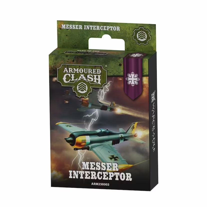 Paper pack labelled Messer Interceptor. Armoured Clash logo is visible in the top left corner. Purple flag with Imperium Faction symbol is visible in the top right corner. Box art features two planes with yellow accents and Imperium Crosses on the wings and tails. Lightning strikes behind them.