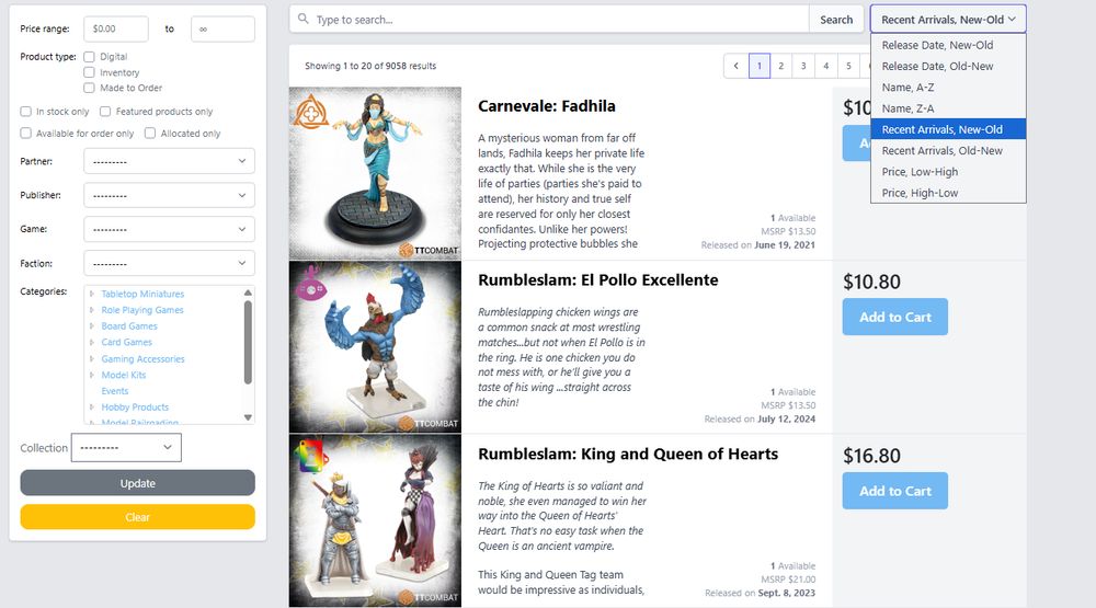 An online shop page with a menu of filters on the left hand side, three products listings in the center, including the Rumbleslam miniatures Fadhila, El Pollo Excellente, and the Kings and Queen of Hearts. A drop down menu in the top right corner list different sort options, namely: Release Date, New-Old; Release Date, Old-New; Name, A-Z; Name, Z-A; Recent Arrivals, New-Old; Recent Arrivals, Old-New; Price, Low-High; and Price, High-Low. The 'Recent Arrivals, New-Old' option is highlighted in blue and duplicated in the selection box at the top of the dropdown menu.