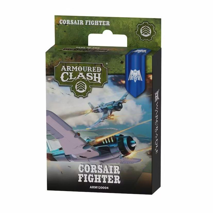 Small cardboard pack labelled 'Corsair Fighter.' Art depicts two Corsair Fighter planes in a dogfight. The Armoured Clash logo is visible in the top left hand corner and the Union faction flag is visible in the top right hand corner.