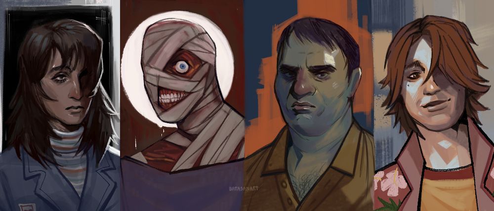 A portait of character in a game called Mouthwashing. From left to right is Anya, the nurse of the crew, in the sombre background. Next is Curly, the captain of the ship. After the ship's cockpit explosion, he covers himself in a bandet, his back ground red like his skin and with a white halo. Next, Sweansea, a grumpy-looking man in uniform with a sombre background. Then the last is Daisuke, the ship trainee, the only one who smiles in portrait and makes the most colorful use of color. All of them draw in an art style from the Disco Elysium game.