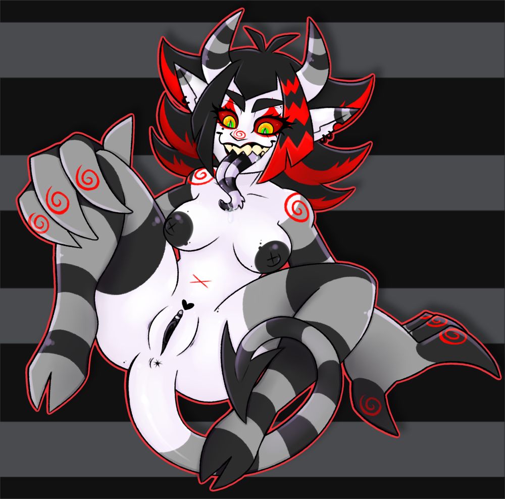 A harlequin themed demon clown girl laying on her back in the nude. She’s presenting herself to the camera. She has a long striped tongue and striped limbs. Hooved feet, a long striped pointed tail, and clawed hands. 