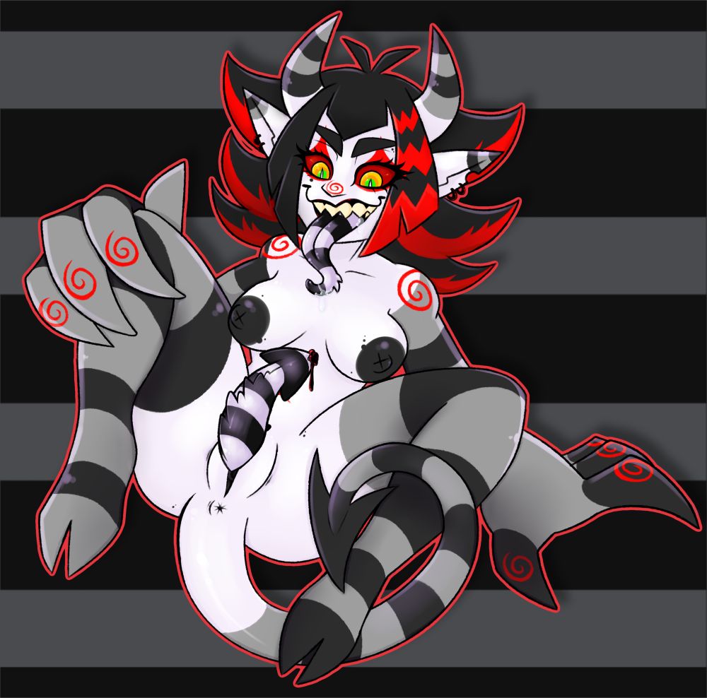 Same image as the last but this time she has a black and white striped monster dick. Futa or smth idk what the porn categories are lol 