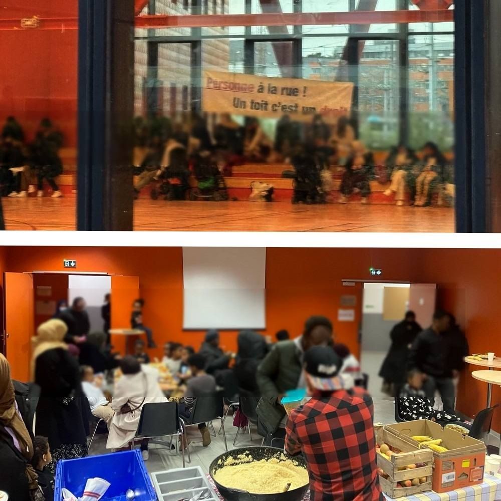 En haut : des personnes occupent les gradins du gymnase occupé.
En bas : une cantine distribue des repas.