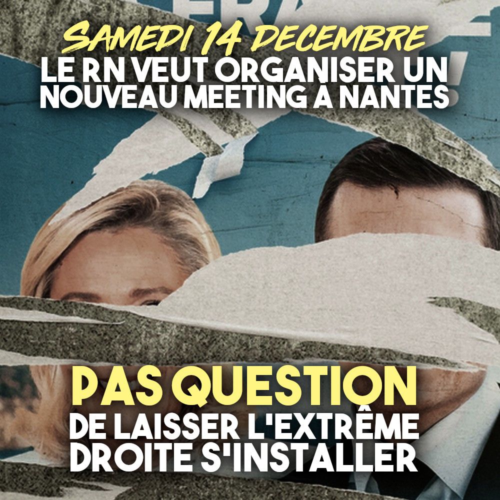 Une affiche du RN déchirée au niveau des visage de Marine Le Pen et Jordan Bardella : le parti veut organiser un meeting près de Nantes le 14 décembre.