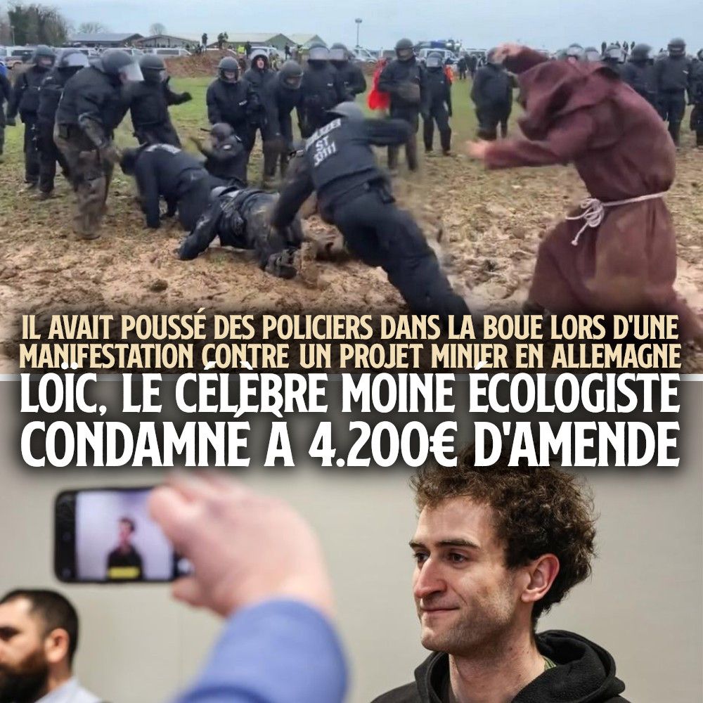 En haut : Loïc, le moine anticapitaliste, pousse un policier dans la boue de Lützerath.
En bas : Loïc à sa sortie du tribunal.