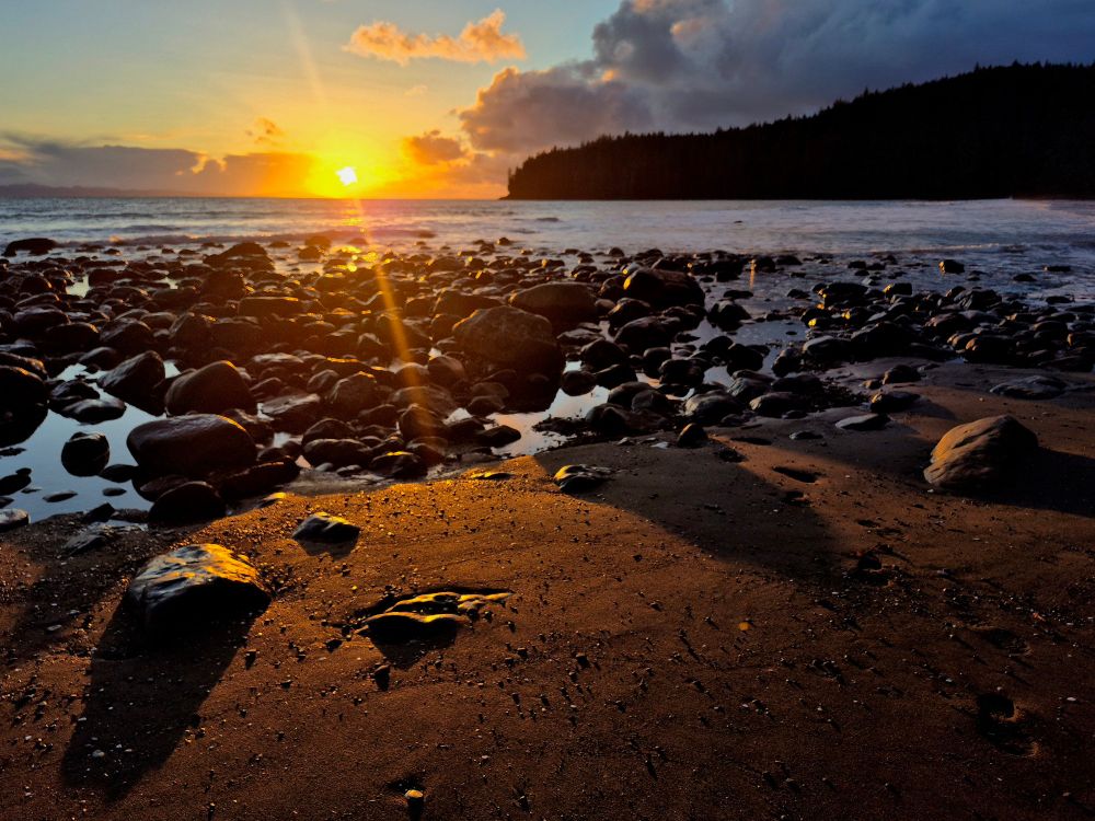 Sunset over the Pacific Ocean off the coast of Vancouver Island. Golden light glows across the landscape.