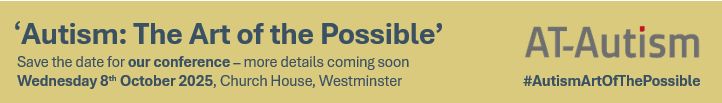 Mustard yellow banner with AT-Autism logo and details of the conference, which are stated in the text of the post.