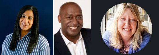 Our speakers on the theme of Embracing Change, from left to right: Alia Lewis, Ken Greaves and Ann Memmott. Alia is wearing a striped shirt in front of a dark background, Ken is wearing a white shirt and black jacket, Ann is wearing a cardigan and is in front of a bookcase. All are smiling.