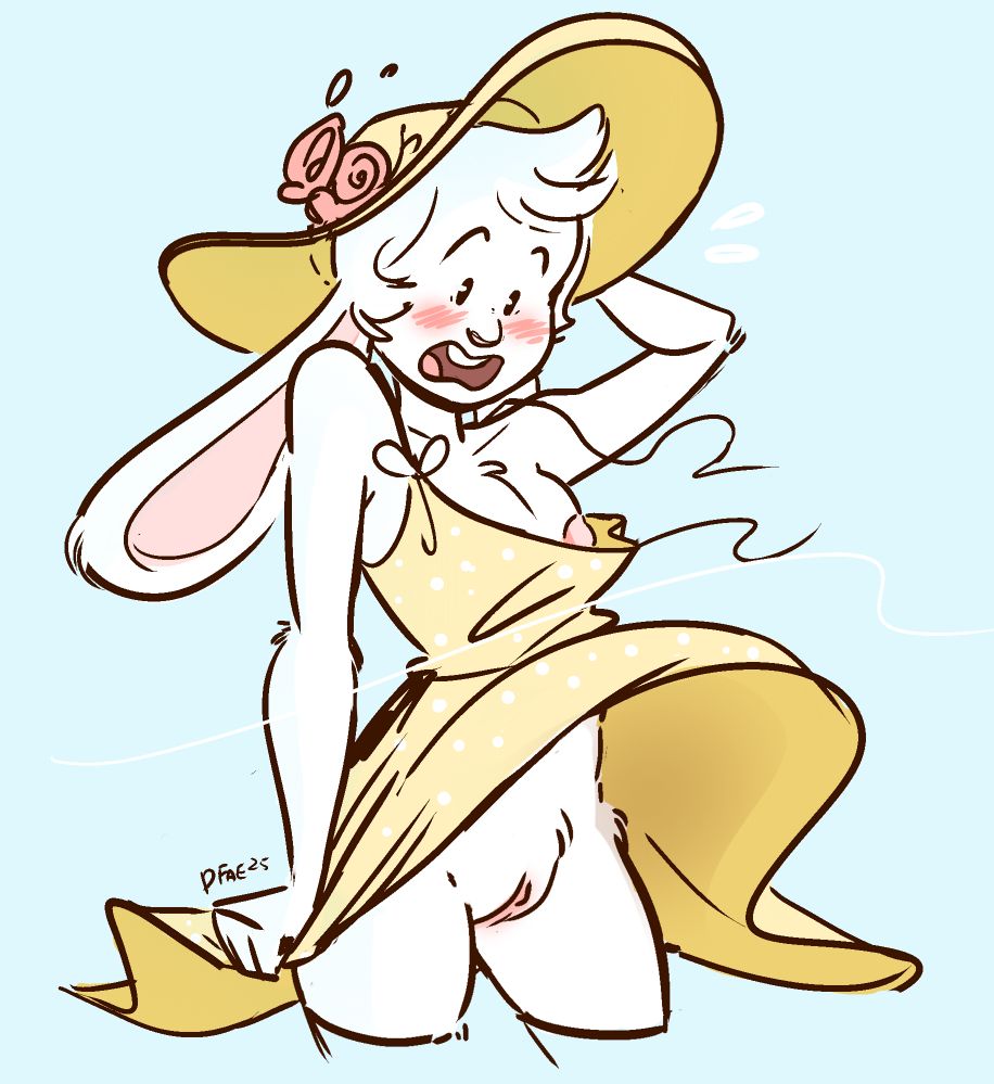 anthro bunny girl, naked under a yellow sun dress thats flipping up in the breeze