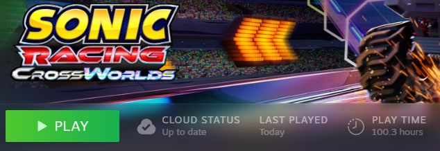 A Screenshot of the Library Panel in Steam for the Game "Sonic Racing: Crossworlds" The Playtime is listed at 100.3 Hours. 