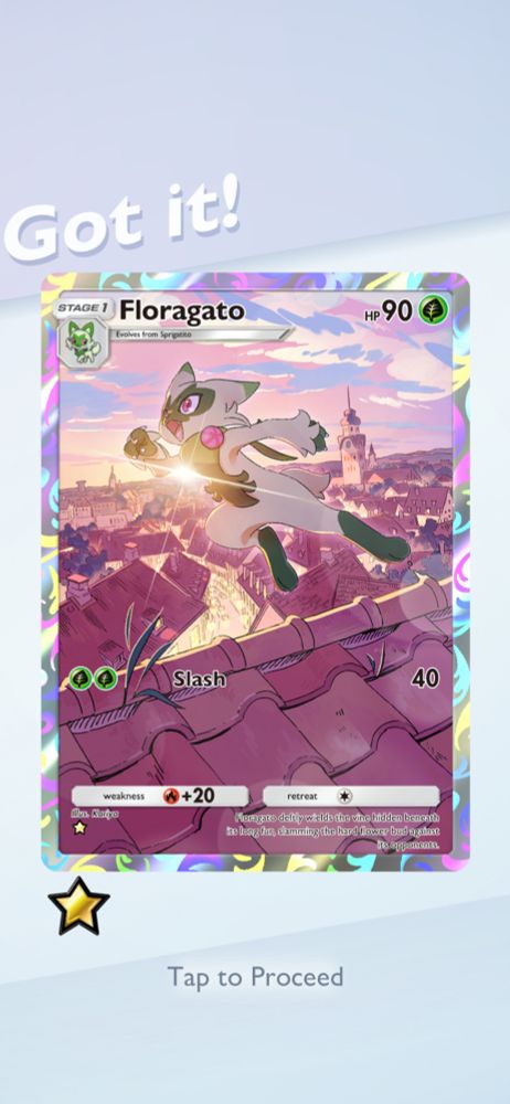 A screenshot of Pokemon TCG Pocket, showing an illustration rare Floragato Card