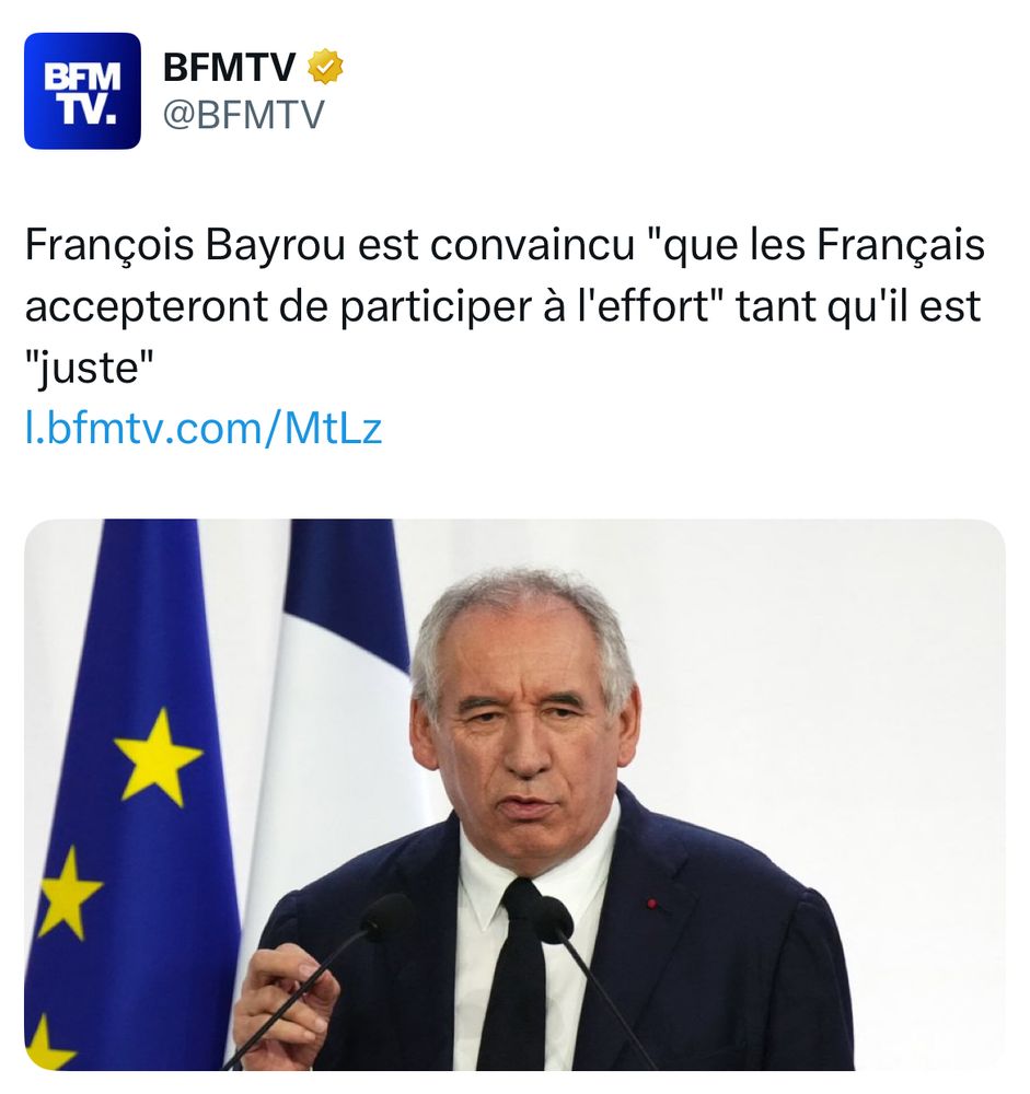 BFM : François Bayrou est convaincu "que les Français accepteront de participer à l'effort" tant qu'il est "juste"