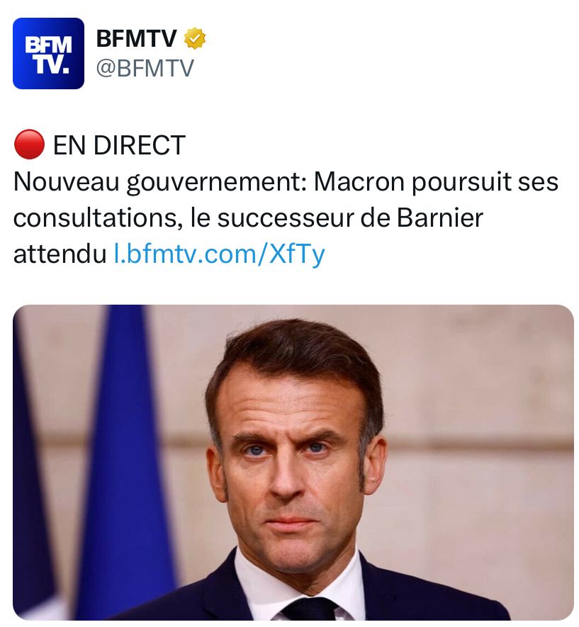 BFM EN DIRECT
Nouveau gouvernement: Macron poursuit ses consultations, le successeur de Barnier attendu