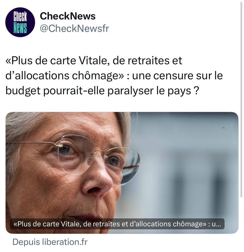 Libération : «Plus de carte Vitale, de retraites et d’allocations chômage» : une censure sur le budget pourrait-elle paralyser le pays ?