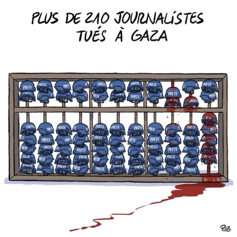 Dessin de Pipo : Casques « presse » empalés sur les barreaux d’une prison sur lesquels ruisselle du sang