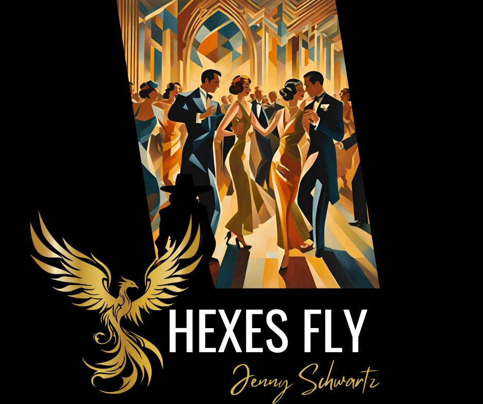 Featuring the book cover for Hexes Fly (which includes a cubist painting of people dancing) by Jenny Schwartz and a golden phoenix - against a black background.