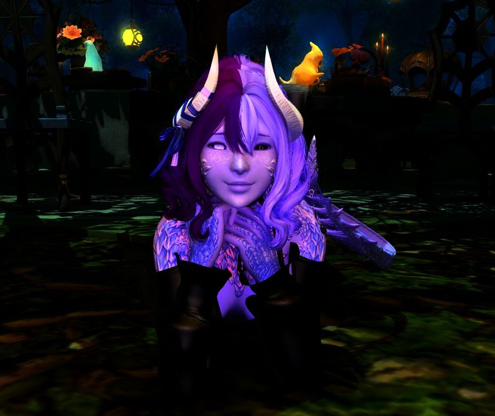 A purple Raen with dual tone hair and eyes lays on the ground smiling affectionately at their partner - and the viewer by having the same perspective. Halloween and All Saint's Wake decorations light up parts of the dark background.