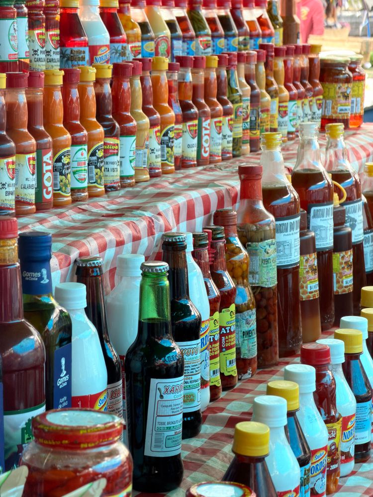 A imagem mostra uma banca de mercado repleta de garrafas e potes alinhados sobre uma toalha xadrez vermelha e branca. Os produtos variam em cores intensas — tons de vermelho, laranja, amarelo, verde e marrom — indicando molhos, temperos, óleos aromáticos, pimentas conservadas, xaropes e condimentos típicos de feiras brasileiras. As garrafas têm formatos diversos, muitas com tampas vermelhas ou amarelas, e rótulos coloridos carregados de informações. Há frascos transparentes revelando pimentas inteiras em conserva, além de garrafas escuras com líquidos densos. A composição é marcada pela repetição das fileiras, criando um visual vibrante e organizado, transmitindo abundância e variedade de sabores regionais.