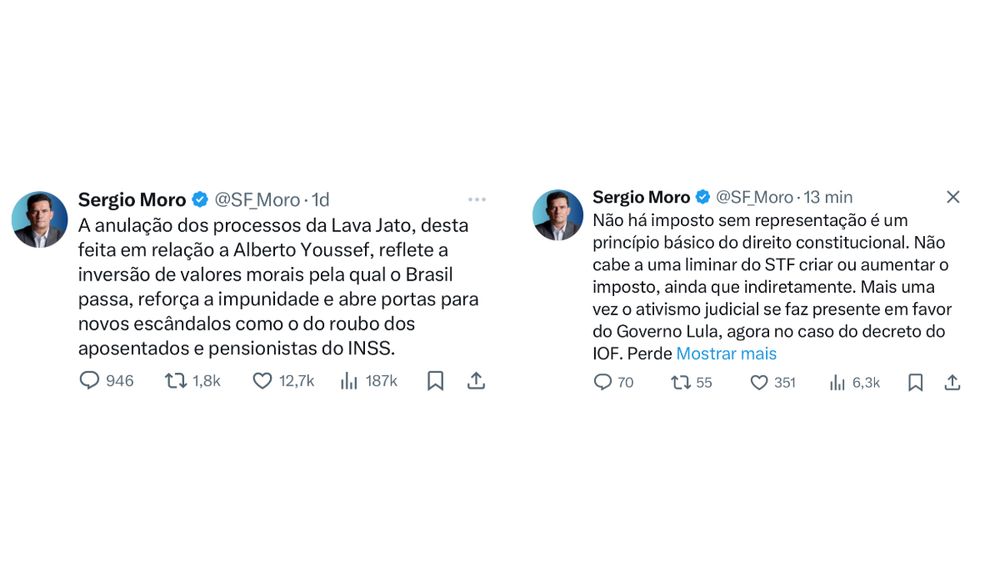 A imagem mostra dois tweets recentes do senador Sergio Moro. No primeiro, ele critica a anulação dos processos da Lava Jato relacionados a Alberto Youssef, afirmando que tal decisão representa uma inversão de valores morais, reforça a impunidade e pode abrir caminho para novos escândalos, como o roubo de recursos de aposentados e pensionistas do INSS. No segundo tweet, Moro condena uma decisão liminar do STF sobre o IOF, argumentando que não cabe ao Judiciário criar ou aumentar impostos, ainda que indiretamente, e acusa o Supremo de ativismo judicial em favor do governo Lula.