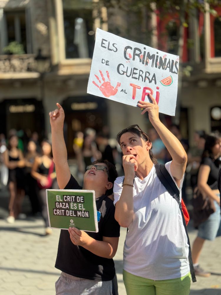 As imagens registram uma manifestação em apoio ao povo palestino, com forte presença de cartazes e bandeiras. Em uma delas, um cartaz diz: “Hay que callar cuando los niños duermen, no cuando los asesinan”, denunciando a violência contra crianças. Outra mostra uma criança nos ombros de um adulto erguendo a bandeira da Palestina, simbolizando resistência e futuro. Há também cartazes em catalão como “Els criminals de guerra al TRÍ” e “El crit de Gaza és el crit del món”, relacionando Gaza à denúncia global. Um quarto cartaz traz ilustração de um barco com a inscrição “La flotilla no se toca”, reforçando solidariedade e defesa da causa palestina. O ambiente revela uma multidão diversa, engajada em um protesto pacífico e expressivo.