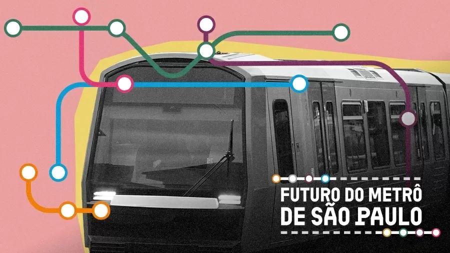 A imagem mostra a fotografia de um trem do metrô de São Paulo em preto e branco, sobreposta por linhas coloridas estilizadas que representam diferentes ramais do sistema metroviário, incluindo possíveis extensões futuras. O fundo rosa com uma faixa amarela reforça o tom gráfico e moderno da composição. No canto inferior direito, em destaque, aparece o título “Futuro do Metrô de São Paulo”, acompanhado por pequenos círculos que remetem às cores e estações do mapa oficial do metrô paulistano. A arte sugere planos de expansão e modernização da malha ferroviária urbana da capital paulista.