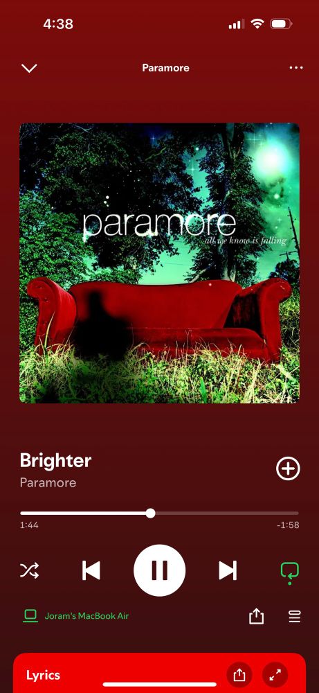 Paramore’s song “Brighter” from their first record playing on Spotify
