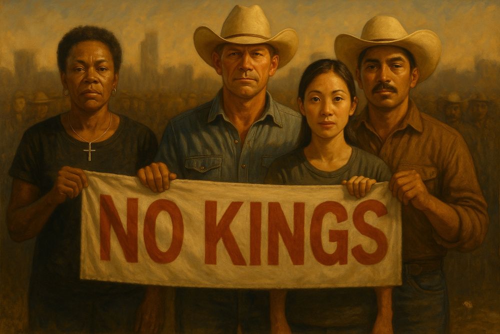 A traditional-style oil painting of four diverse Texans standing shoulder to shoulder, holding a banner that reads “NO KINGS.” From left to right: a dignified older Black woman with a subtle cross necklace, a white cowboy in a Stetson hat, a Vietnamese woman with calm resolve, and a proud Tejano man in a vaquero-style hat. Their expressions are determined. The background is warm and painterly, evoking both history and resistance. No one kneels. No one bows.
