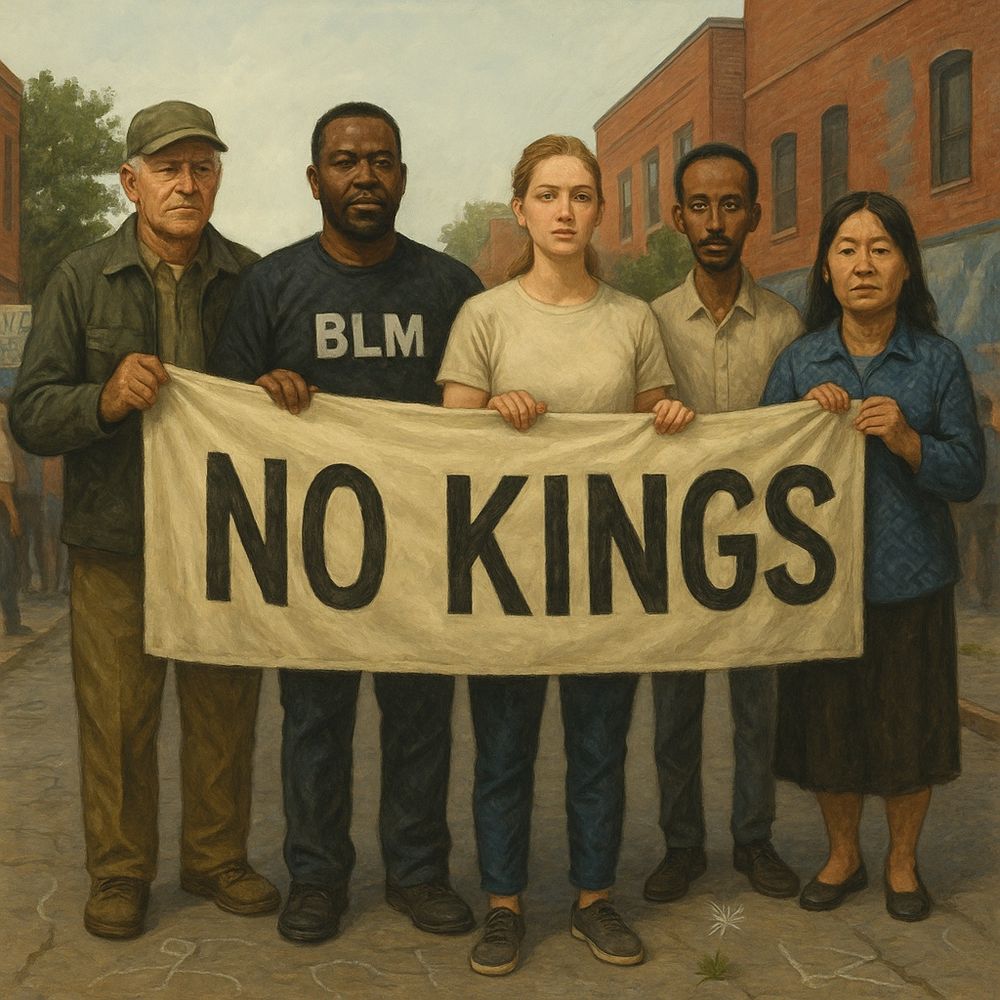 A painterly, semi-realistic protest scene in Minneapolis. Six diverse individuals stand side by side holding a large hand-painted banner that reads “NO KINGS.” From left to right: an older white man in a plain cap, a middle-aged Black man wearing a shirt with a faint “BLM” design, a young white woman with a determined expression, a slender Somali man with closely cropped hair, and a Hmong woman in her 40s with a steady gaze. They stand on an urban street with subtle chalk outlines and scattered dandelion seed heads at their feet. Behind them, hints of a larger crowd and city buildings suggest quiet strength. The mood is resolute, grounded, and timeless — a warning to any would-be tyrants.