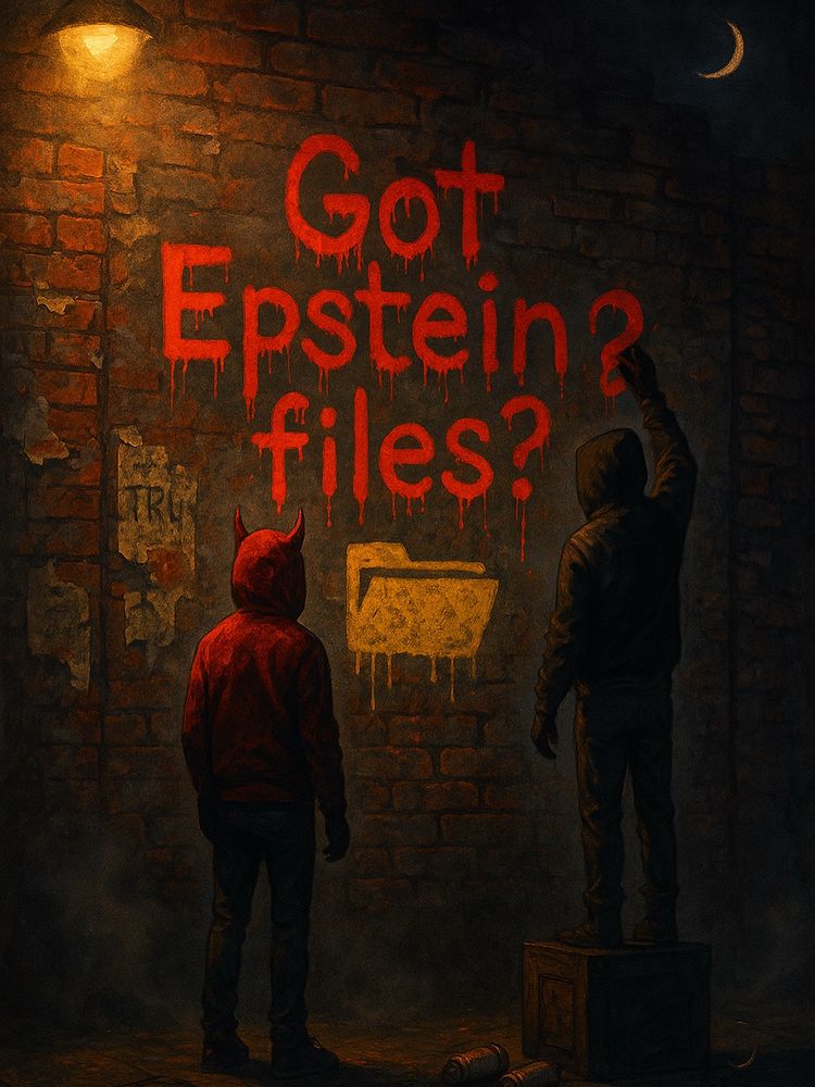A nighttime alley scene in gritty, cinematic style. Two figures stand before a distressed brick wall with layers of faded graffiti and peeling posters. One figure, Simon, wears a red hoodie with small devil horns poking through the fabric and stands beside Jax, who’s on a box to reach higher. Fresh red spray paint spells out “Got Epstein files?” in drippy graffiti, with a yellow stencil of a file folder beneath it. A backpack lies open on the ground, paint cans spilled. A small crescent moon glows in the bottom right corner. The mood is tense, rebellious, and urgent—truth whispered in the shadows.