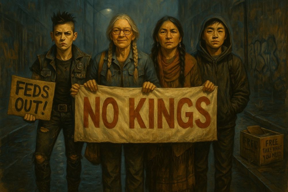 A Red Alley–style oil painting shows four diverse protesters standing shoulder to shoulder in downtown Portland. From left to right: a fierce nonbinary punk with combat boots and a “FEDS OUT!” sign; an older white woman with silver braids and protest buttons; a calm, grounded Indigenous woman in a woven poncho; and a young Asian man in a hoodie, hands lightly gripping a rolled sign. Behind them, protest graffiti and a mutual aid box sit beneath soft rain. The group radiates quiet defiance — not flashy, just unshakable.
