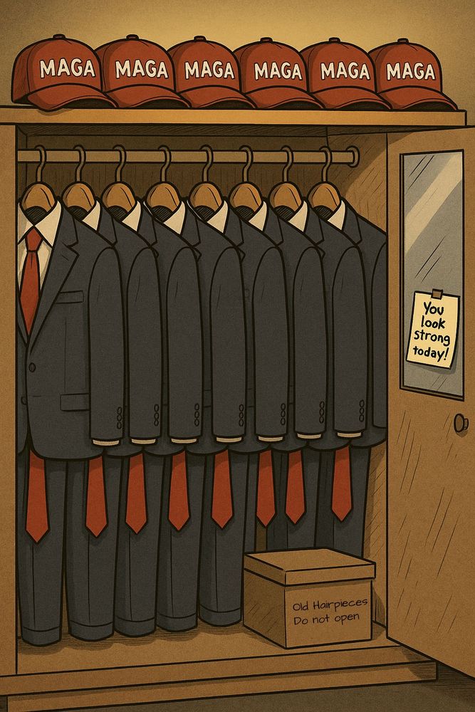 A cartoon-style image of a closet filled with identical navy blue suits on hangers, each paired with a long red tie. Above the suits, a shelf holds a neat row of bright red MAGA hats. On the left, a small labeled box reads “Hairpieces” (with corrected spelling). The image satirizes Donald Trump’s uniform branding and political persona, suggesting there’s nothing behind the performance but costume repetition. The tone is humorous, ironic, and visually clean.