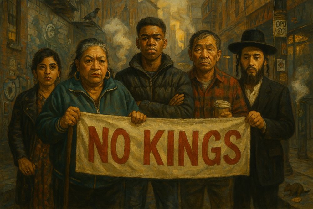 A painterly street-level illustration of four fierce New Yorkers standing side by side, ready to face down any threat. Their expressions are intense and unyielding — defiance etched into every line. The group is multiracial, representing the grit and diversity of the city. Urban buildings and hints of graffiti frame the background. The atmosphere radiates determination and solidarity. This is a portrait of a city that runs toward fire, not away.

Let me know if you’d like to emphasize any specific features (e.g., clothing, background elements, lighting).