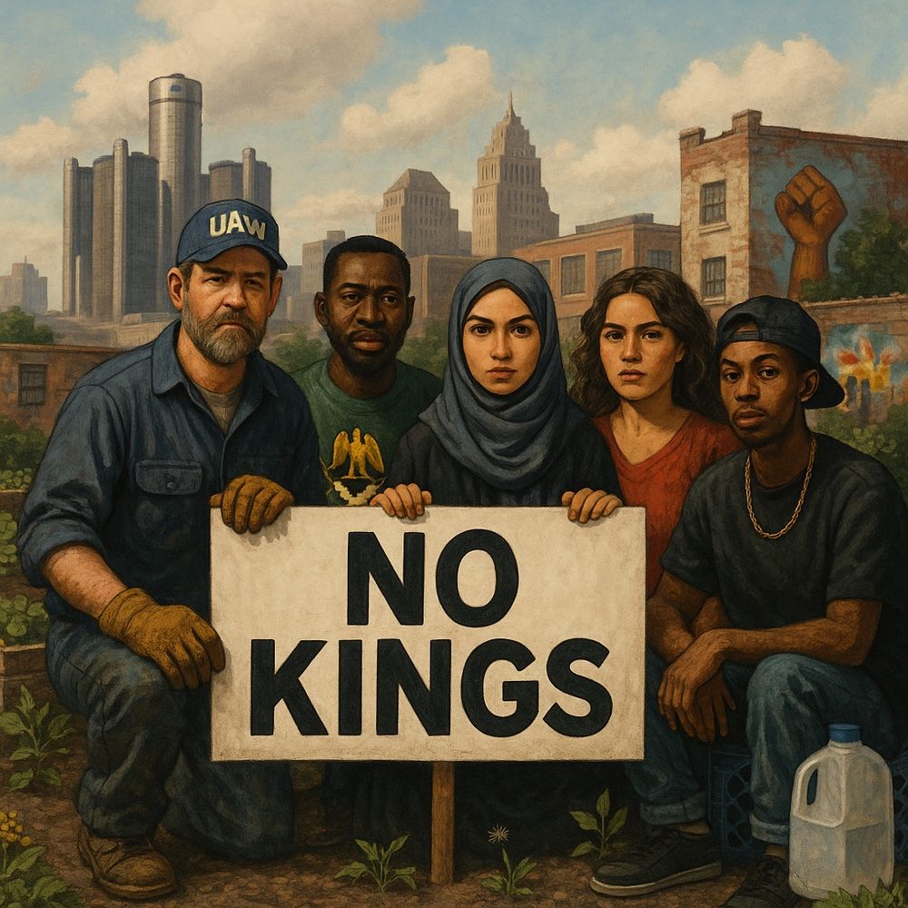 A painterly protest scene set in a reclaimed urban garden in Detroit. Five diverse individuals stand side by side holding a handmade banner that reads “NO KINGS.” From left to right: a white man in union gear representing UAW; a Black man wearing a shirt or colors that nod to Nigerian pride; a young Arab woman in a hijab, fierce and focused; a mid-30s Latina woman with strong posture; and a younger Black man in hip-hop style standing near a stacked milk crate. Behind them, Detroit’s cityscape rises faintly. A plastic water jug sits near the group. The style is textured, emotional, and grounded — a portrait of Detroit’s living defiance.