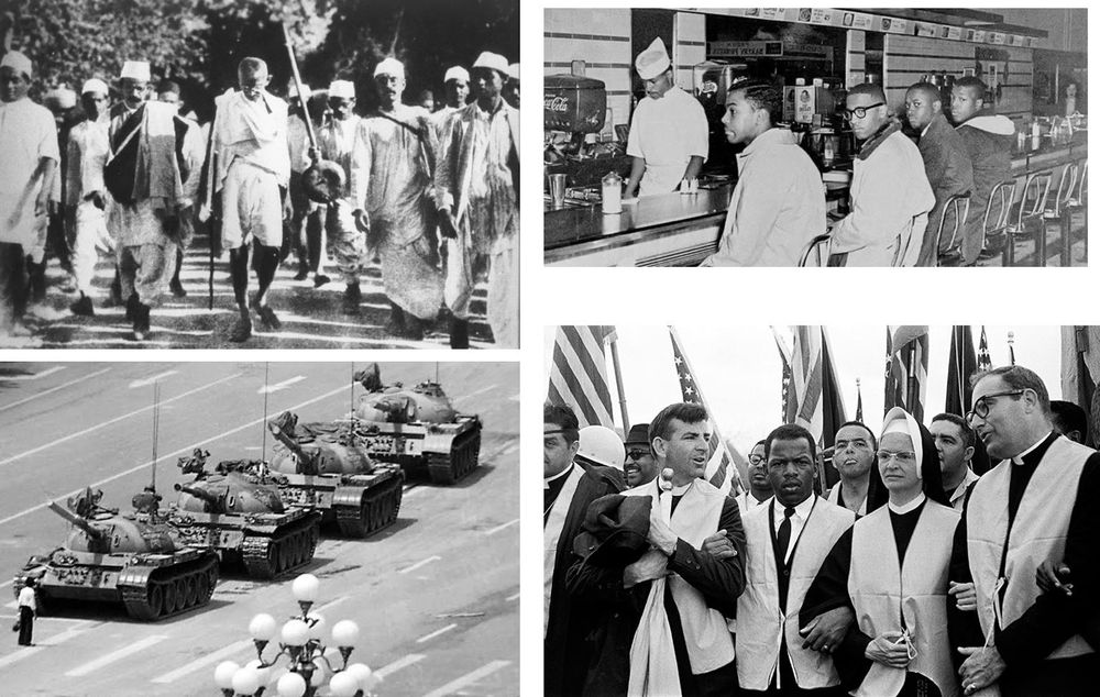 A four-panel collage in black and white, each image capturing a moment of peaceful resistance:
	•	Top left: Mahatma Gandhi walks barefoot with supporters during the Salt March in 1930, leading a civil disobedience campaign against British colonial rule. He holds a staff, eyes down, surrounded by men in traditional Indian clothing.
	•	Top right: Four Black men sit calmly at a whites-only Woolworth’s lunch counter in Greensboro, North Carolina, in 1960. Their posture is upright, their faces composed. A white server stands behind the counter looking down. The background shows a long row of empty stools.
	•	Bottom left: A lone man in white shirt and dark pants — known as Tank Man — stands in front of a column of four military tanks during the 1989 Tiananmen Square protests in China. He holds shopping bags and blocks the tanks’ path.
	•	Bottom right: A diverse group of civil rights marchers, including priests, nuns, and a young John Lewis, lock arms in Selma, Alabama. American flags wave behind them. Their faces are solemn and determined.

The collage illustrates the power of extreme non-violence — resistance through stillness, presence, and moral courage — across continents and decades.