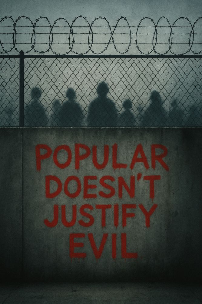 A somber urban wall bears graffiti that reads “POPULAR DOESN’T JUSTIFY EVIL.” Razor wire coils above a chain-link fence. Beyond it, blurred figures stand. The sky is dim. The image evokes confinement, complicity, and resistance.