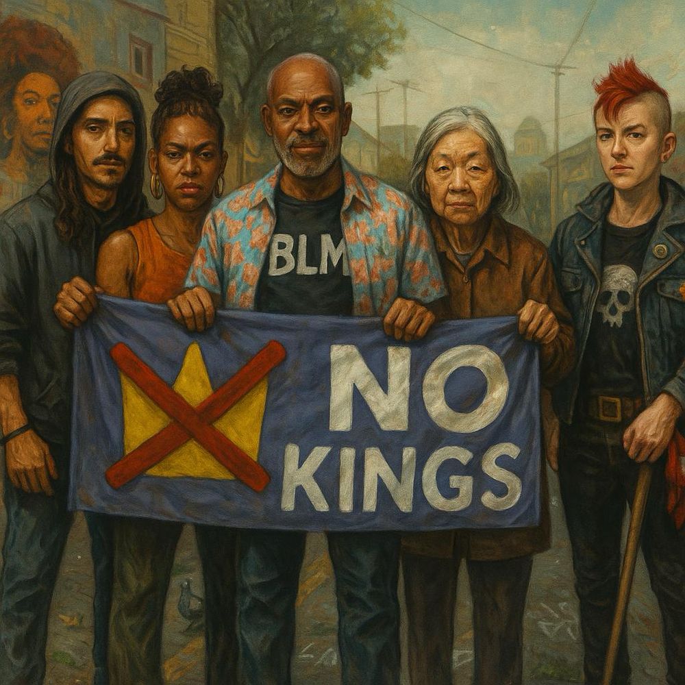 A painterly illustration in the Red Alley style shows five diverse protesters standing together in Oakland. At center is a proud Black woman with long braids, exuding calm power. To her left stands a Latino man with long hair and a strong build, wearing a denim shirt. Next is a punk-styled white queer person with visible tattoos and cropped hair, a quiet but defiant stance. On the right is a fit older white man in a lightly floral shirt, sleeves rolled. Beside him, an older Chinese woman stands tall, hands steady on the No Kings banner. In the background, Oakland’s urban skyline is visible with graffiti-scarred walls, soft sunlight, and signs of stubborn life. No dandelions, but the spirit is clear: this city resists.