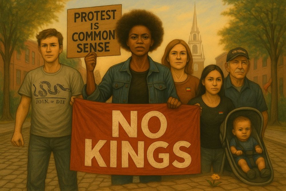  painterly illustration in the Red Alley style shows six protesters standing shoulder to shoulder in front of the Old North Church in Boston. The tone is resolute and grounded, blending Revolutionary-era symbolism with modern civic protest.

From left to right:
	•	A young white Gen Z man stands beside his bike, wearing a “Join or Die” t-shirt and gripping the edge of a red protest banner.
	•	A Black woman with natural hair and a powerful expression stands next to him, holding a cardboard sign that reads: “Protest is Common Sense.”
	•	An older white woman (late Gen X or Gen Jones) stands beside her, hands on the banner.
	•	A young Puerto Rican woman stands proudly next to a stroller holding her baby; a small rainbow pin is clearly visible on her shirt.
	•	At the far right, a middle-aged white man wears an Air Force cap, his expression grounded and quiet.

The central banner reads NO KINGS in large block letters. A small dandelion puff grows between the cobblestones in the foreground — a subtle symbol of persistence. Trees frame the street, and the iconic steeple of the Old North Church rises in the background.

The image evokes unity across generations, backgrounds, and movements — a peaceful but firm reminder that protest is foundational to American democracy.
